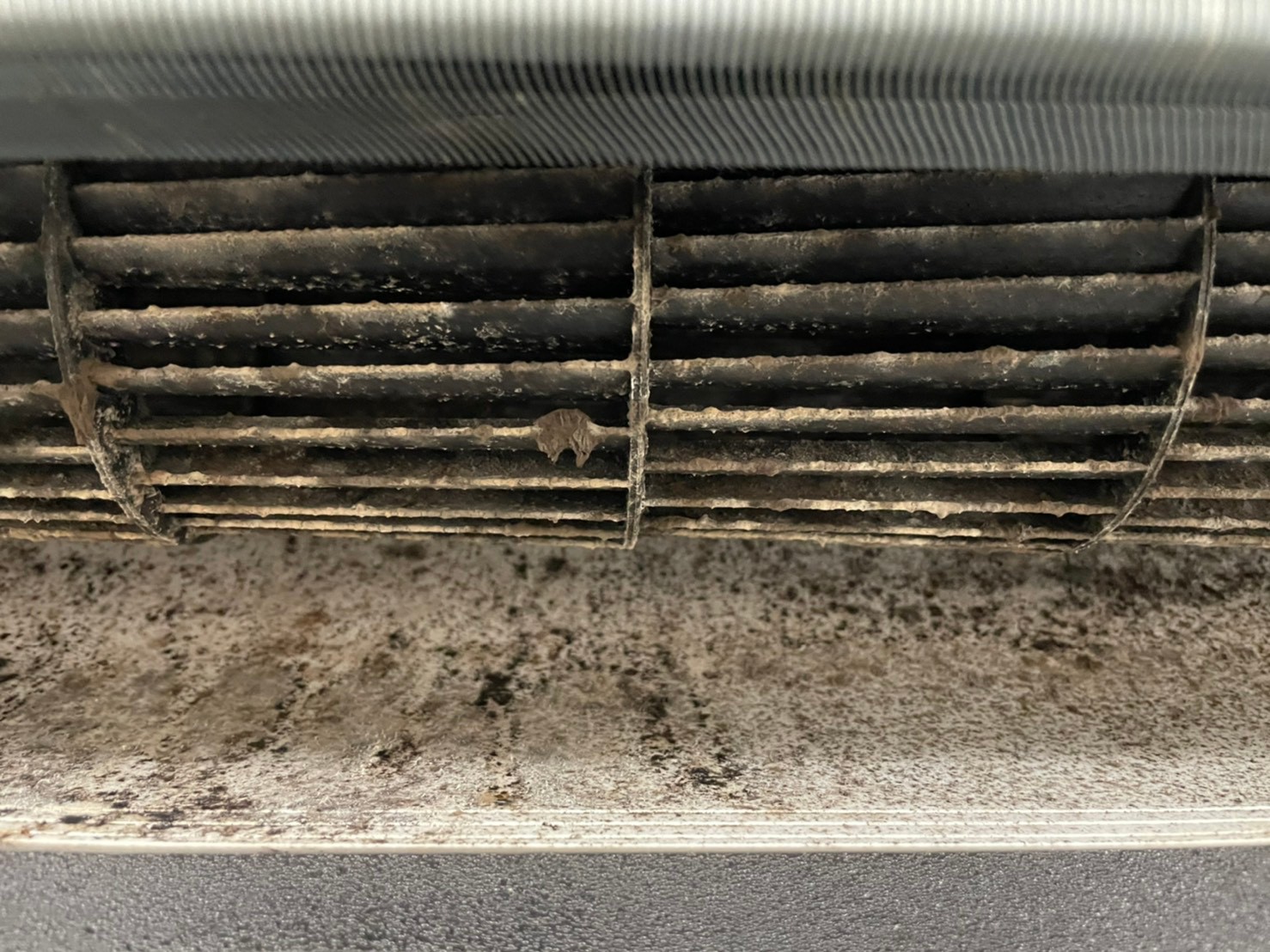 直視冷氣內部,滿滿的污垢吹入家裡環境中,冷氣真的需要定期清洗!