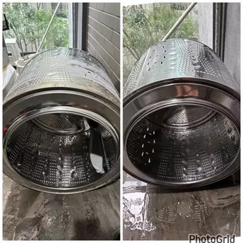 桃園市洗衣機清洗實拍，專業技師進行桃園市洗衣機清洗，清洗前後的洗衣槽對比強烈，污垢、黴斑與沉積物完全被清除。