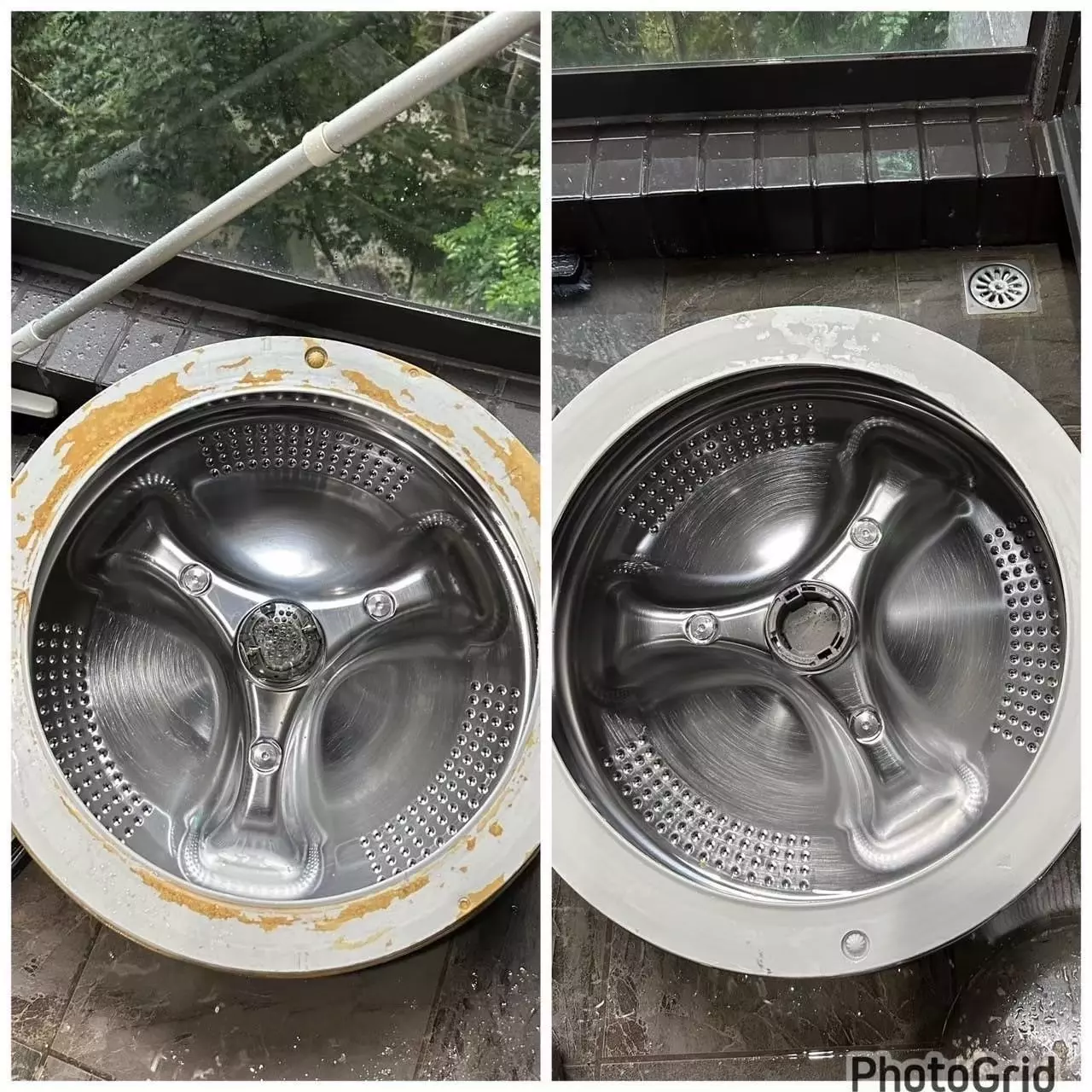 清洗前的洗衣機滾筒內部布滿髒污與殘留物，清洗後整體明顯乾淨許多，細節處也處理到位，前後差異一看就懂，讓人對專業清潔效果更加放心。